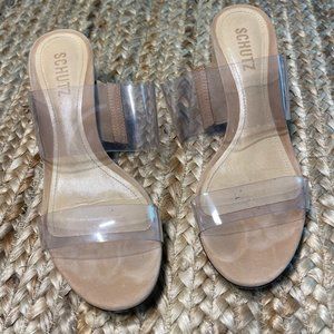 Schutz "Victoire" Honey Beige / Nude Block Heel Slide-On Sandals (US Size 7.5)